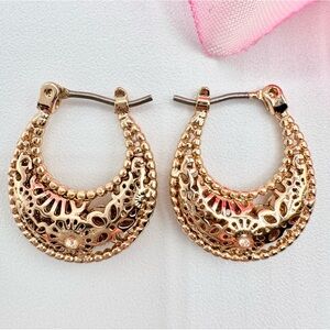Puffy Filigree Openwork Gold Tone Huggie Hoop Earrings Rhinestone Eastern Ethnic